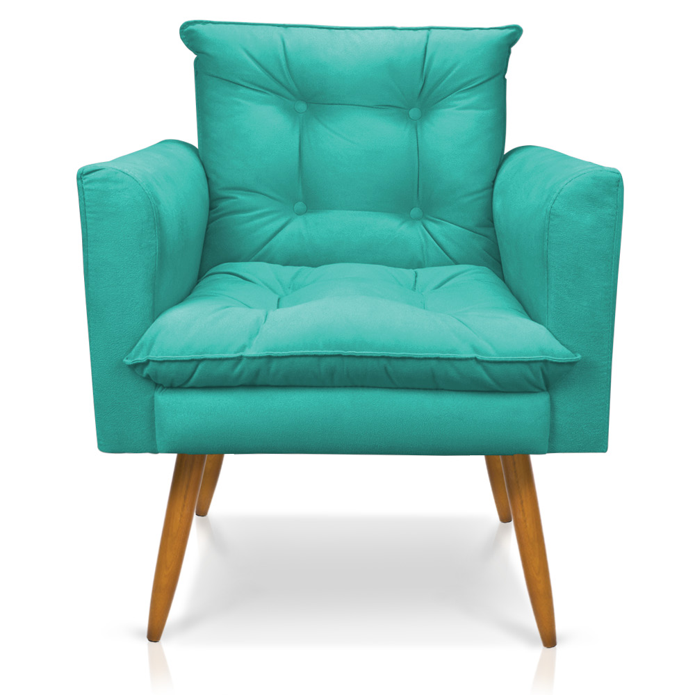 Kit Poltrona e Namoradeira 2 Lugares Olivia Suede Azul Turquesa Pés Palito Castanho - Pallazio