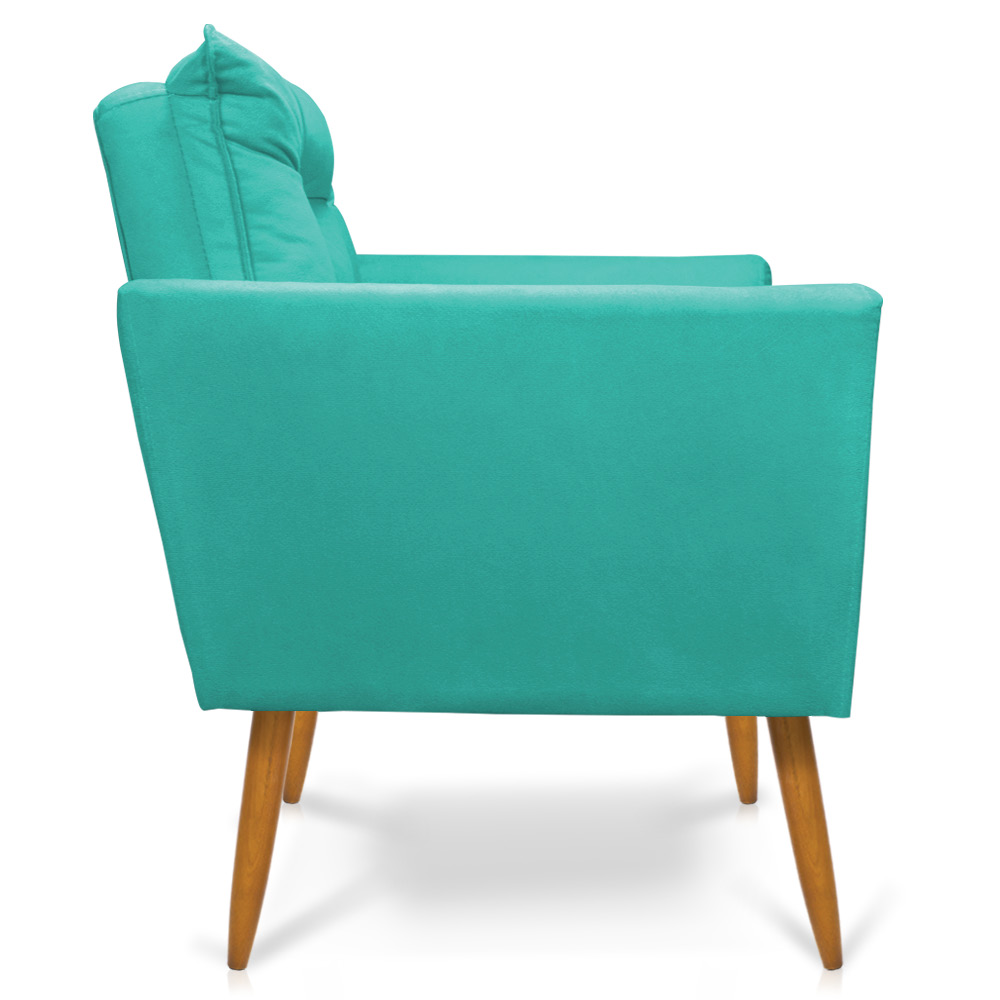 Kit Poltrona e Namoradeira 2 Lugares Olivia Suede Azul Turquesa Pés Palito Castanho - Pallazio