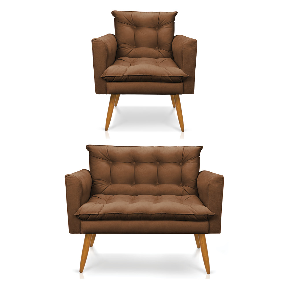Kit Poltrona e Namoradeira 2 Lugares Olivia Suede Marrom Pés Palito Castanho - Pallazio
