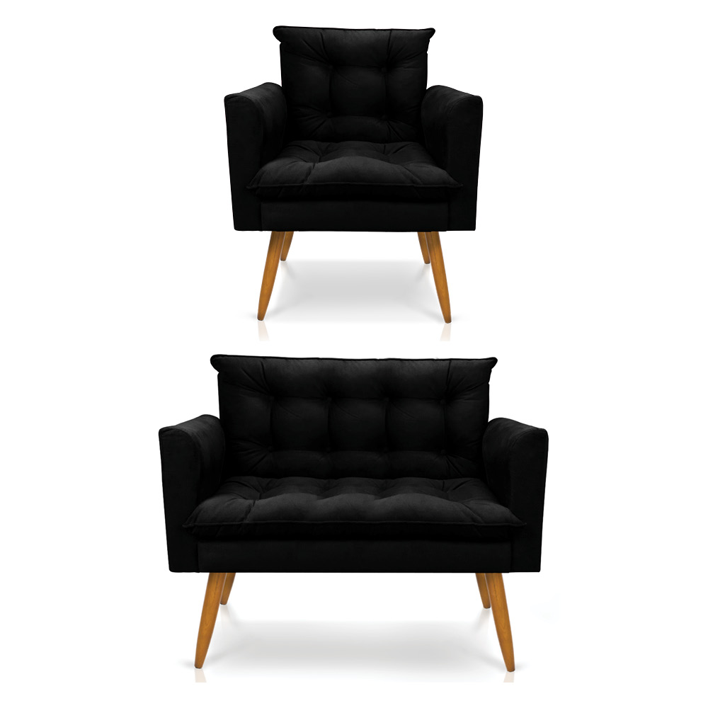Kit Poltrona e Namoradeira 2 Lugares Olivia Suede Preto Pés Palito Castanho - Pallazio