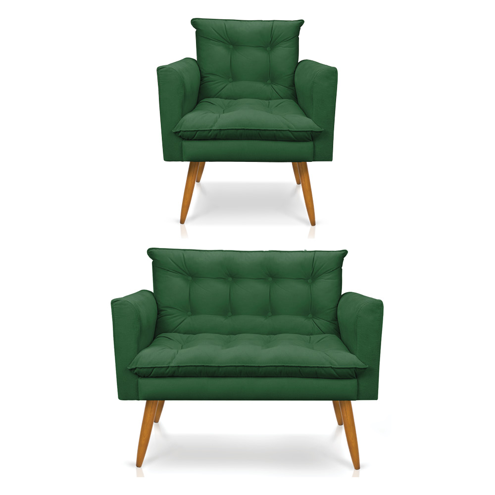 Kit Poltrona e Namoradeira 2 Lugares Olivia Suede Verde Pés Palito Castanho - Pallazio
