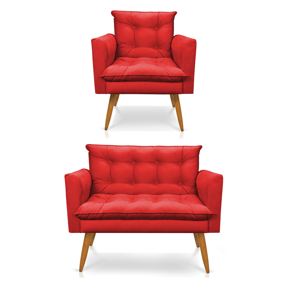 Kit Poltrona e Namoradeira 2 Lugares Olivia Suede Vermelho Pés Palito Castanho - Pallazio