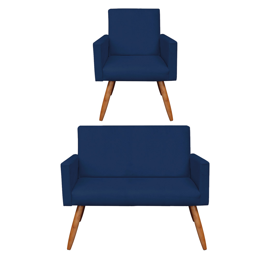 Kit Poltrona e Namoradeira Nina Suede Azul Marinho Pés Palito Castanho - Pallazio