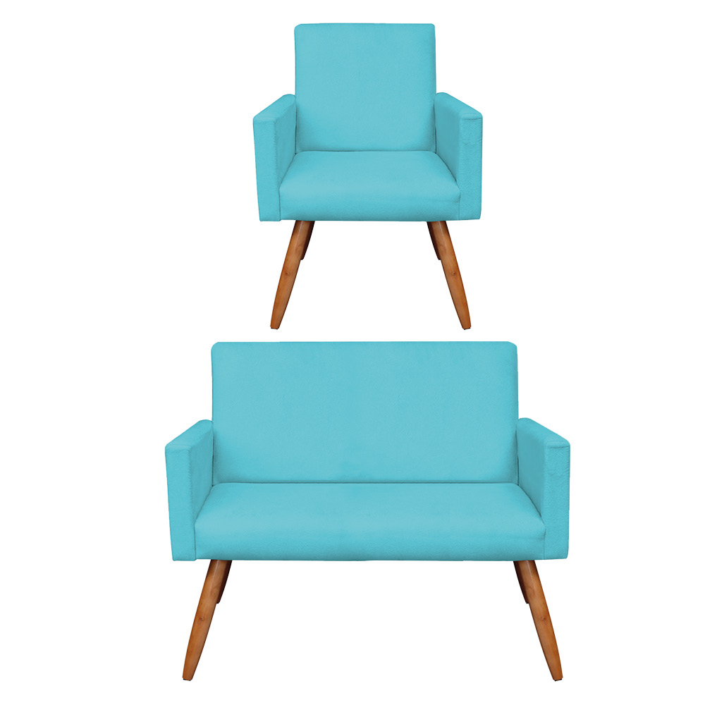 Kit Poltrona e Namoradeira Nina Suede Azul Turquesa Pés Palito Castanho - Pallazio