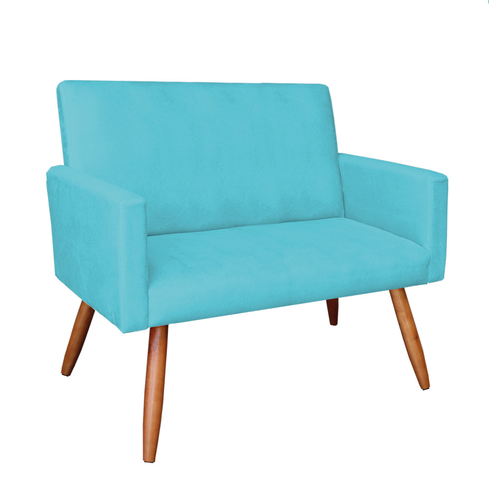 Kit Poltrona e Namoradeira Nina Suede Azul Turquesa Pés Palito Castanho - Pallazio