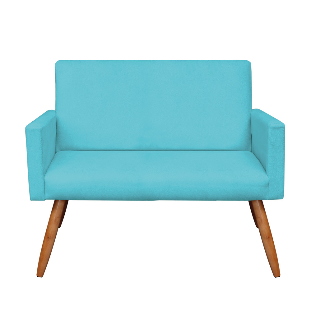 Kit Poltrona e Namoradeira Nina Suede Azul Turquesa Pés Palito Castanho - Pallazio