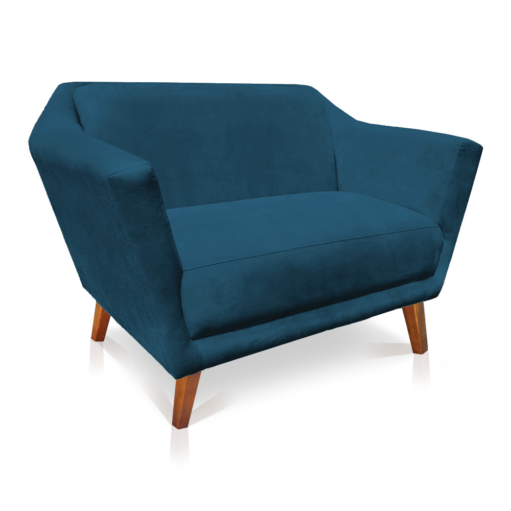 Kit Poltrona e Namoradeira Pérsia Suede Azul Marinho Pés Chanfrado Castanho - Pallazio