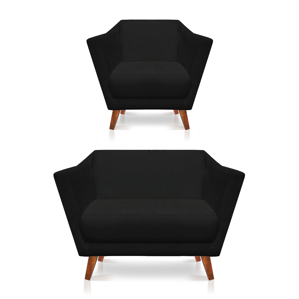 Kit Poltrona e Namoradeira Pérsia Suede Preto Pés Chanfrado Castanho - Pallazio
