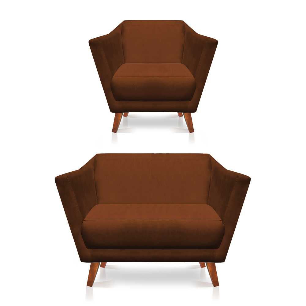 Kit Poltrona e Namoradeira Pérsia Suede Terracota Pés Chanfrado Castanho - Pallazio