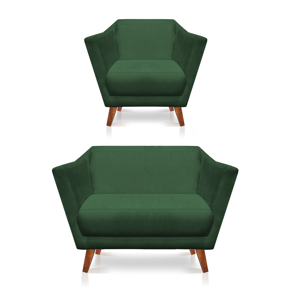 Kit Poltrona e Namoradeira Pérsia Suede Verde Pés Chanfrado Castanho - Pallazio