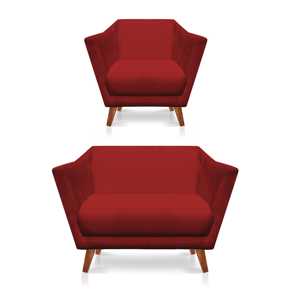 Kit Poltrona e Namoradeira Pérsia Suede Vermelho Pés Chanfrado Castanho - Pallazio