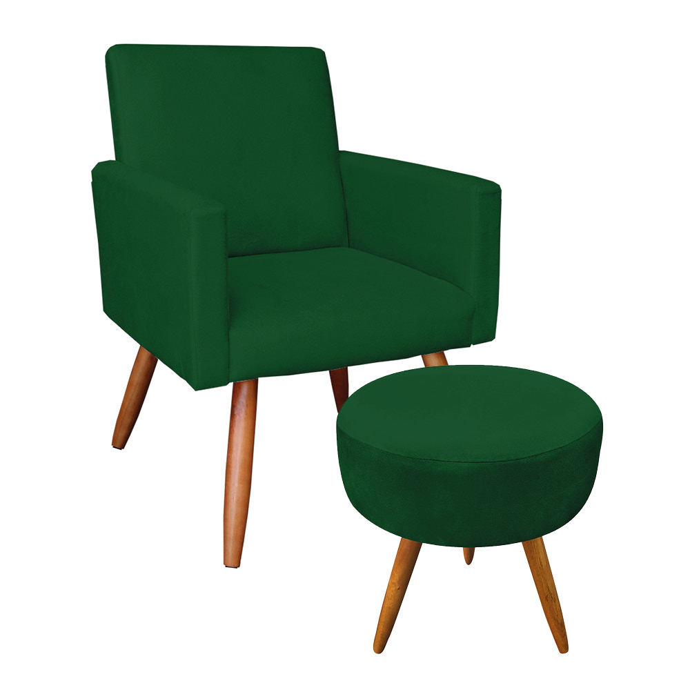 Kit Poltrona e Puff Banqueta Redonda Nina Veludo Verde Pés Palito Castanho - Pallazio