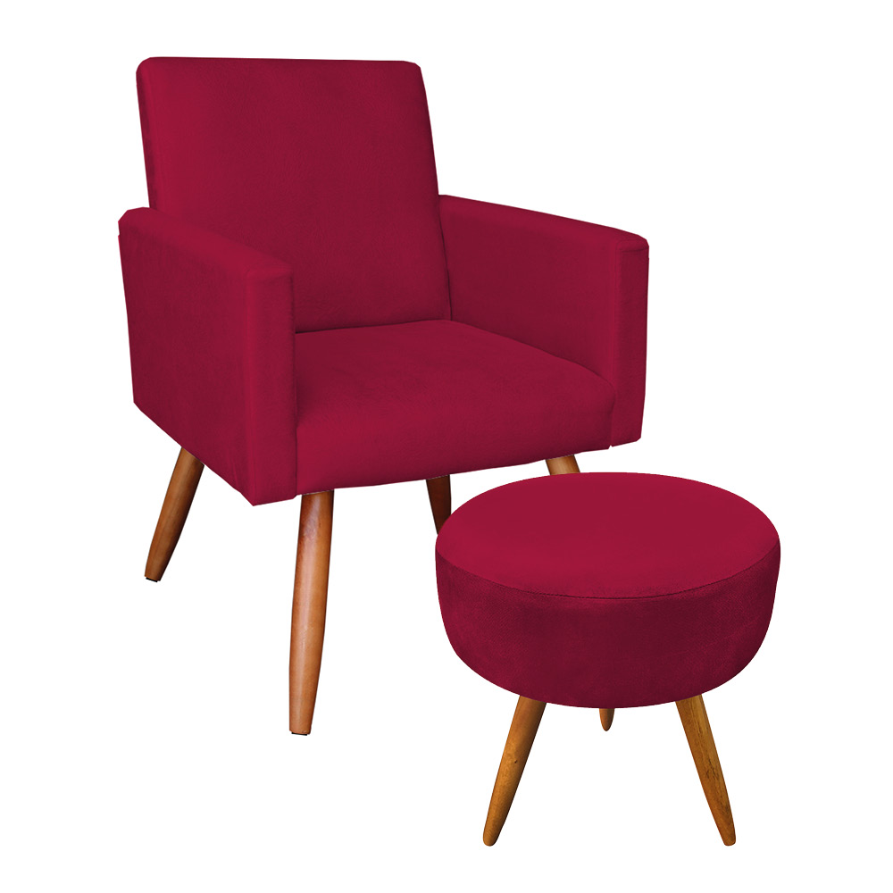 Kit Poltrona e Puff Banqueta Redonda Nina Veludo Vermelho Pés Palito Castanho - Pallazio