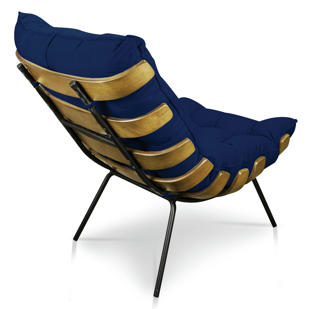 Kit Poltrona e Puff Costela Suede Azul Marinho Base Metálica - Pallazio