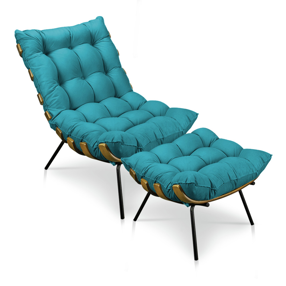 Kit Poltrona e Puff Costela Suede Azul Turquesa Base Metálica - Pallazio