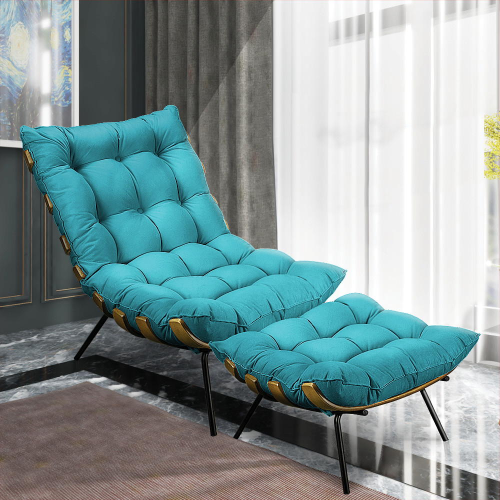 Kit Poltrona e Puff Costela Suede Azul Turquesa Base Metálica - Pallazio
