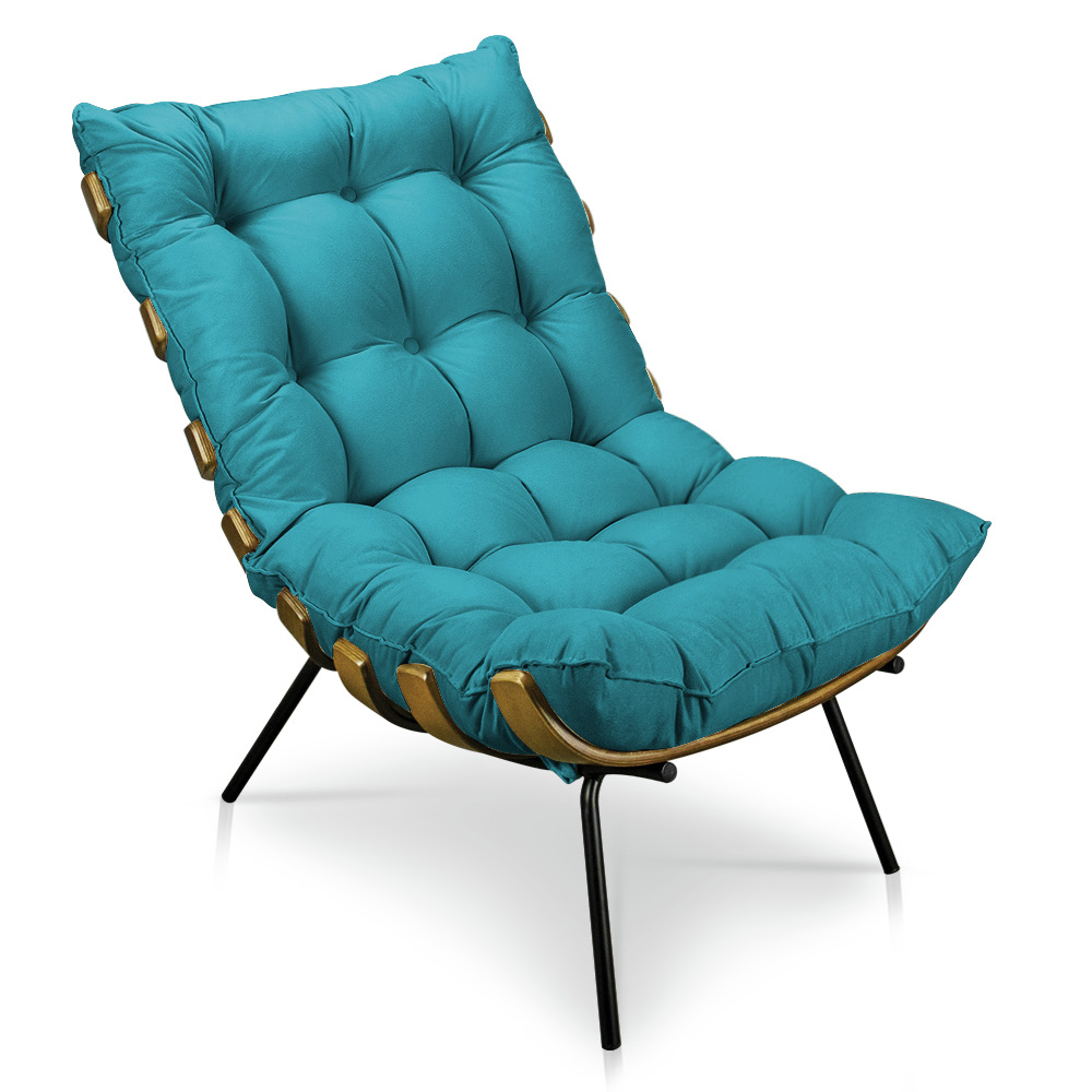 Kit Poltrona e Puff Costela Suede Azul Turquesa Base Metálica - Pallazio