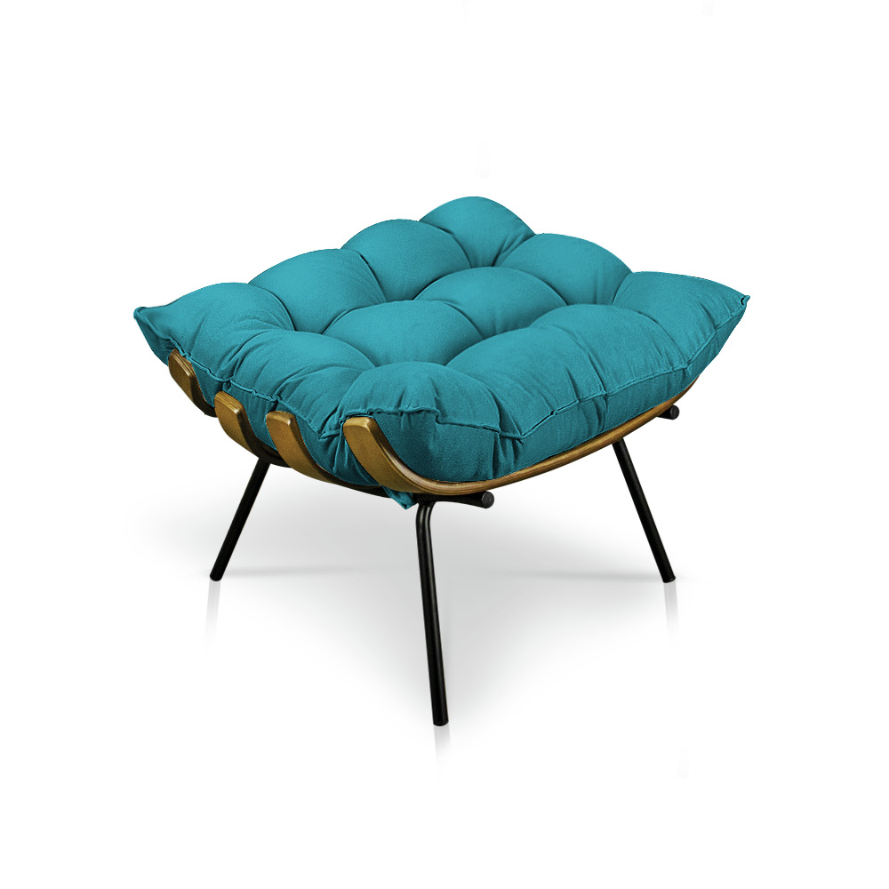 Kit Poltrona e Puff Costela Suede Azul Turquesa Base Metálica - Pallazio