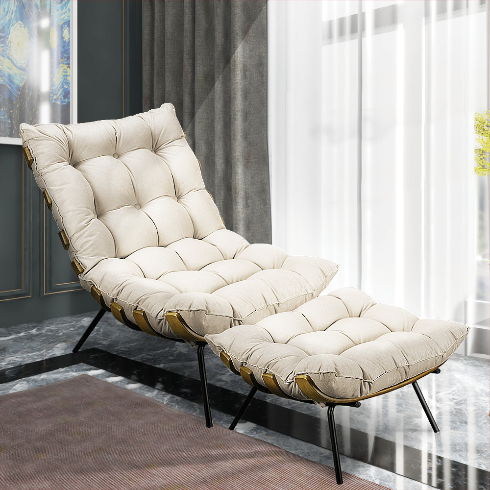 Kit Poltrona e Puff Costela Suede Bege Base Metálica - Pallazio