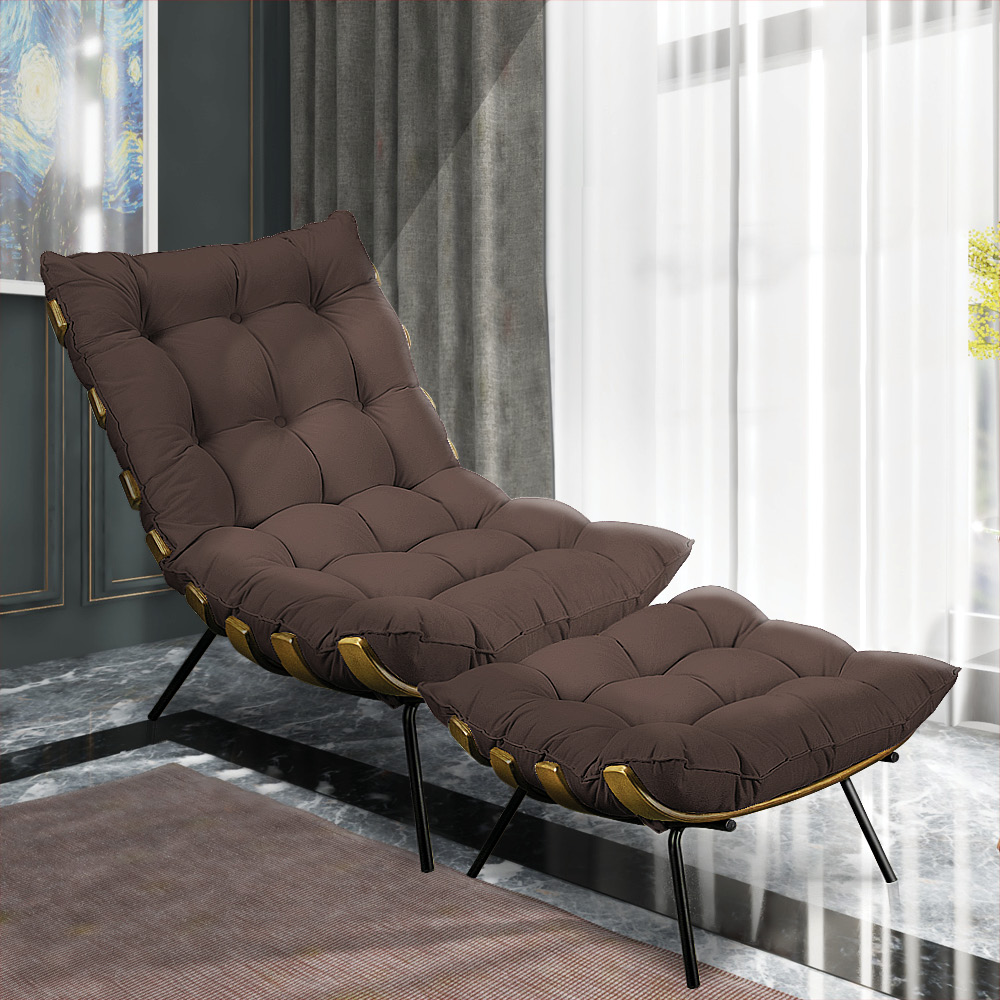 Kit Poltrona e Puff Costela Suede Marrom Base Metálica - Pallazio
