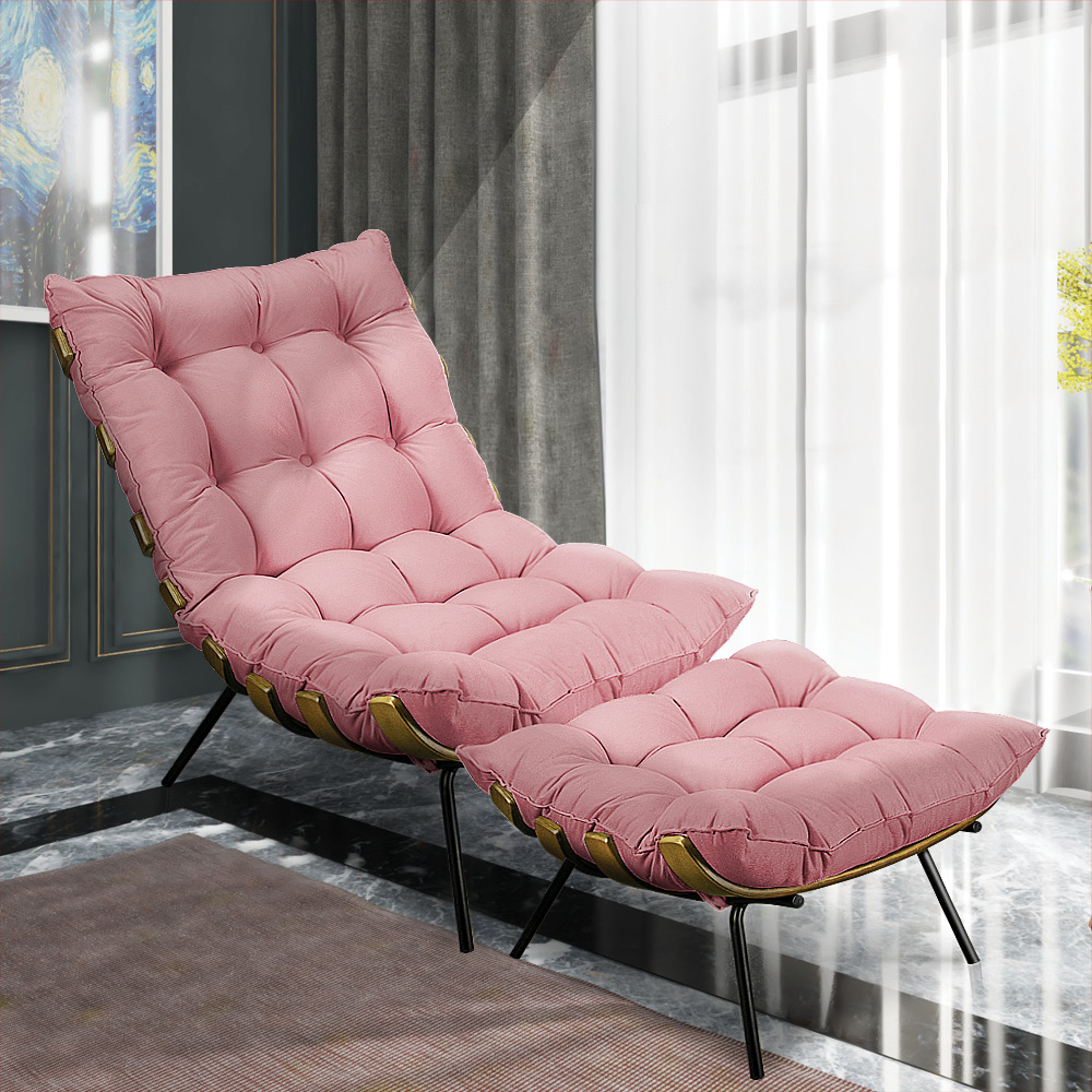 Kit Poltrona e Puff Costela Suede Rosê Base Metálica - Pallazio