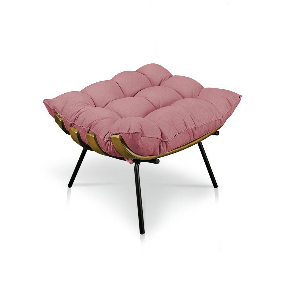 Kit Poltrona e Puff Costela Suede Rosê Base Metálica - Pallazio
