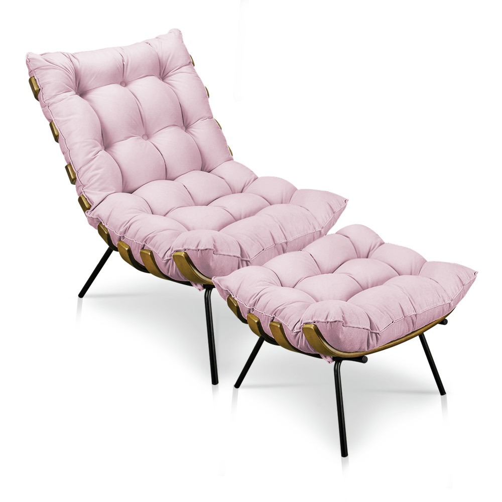 Kit Poltrona e Puff Costela Suede Rosa Bebê Base Metálica - Pallazio