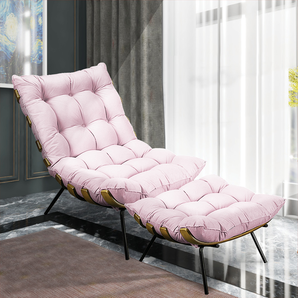 Kit Poltrona e Puff Costela Suede Rosa Bebê Base Metálica - Pallazio