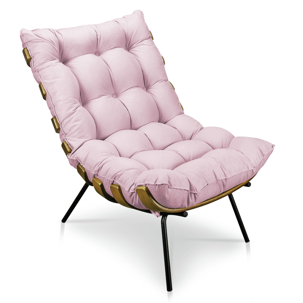 Kit Poltrona e Puff Costela Suede Rosa Bebê Base Metálica - Pallazio