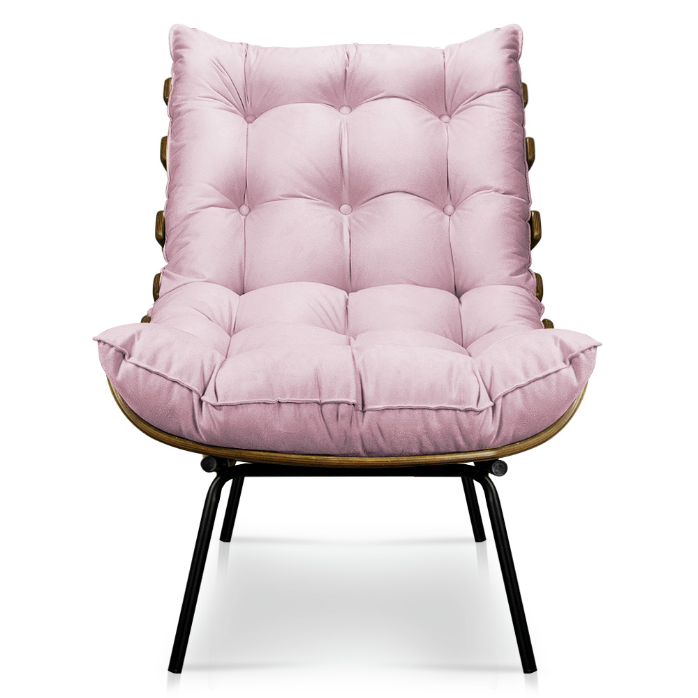 Kit Poltrona e Puff Costela Suede Rosa Bebê Base Metálica - Pallazio