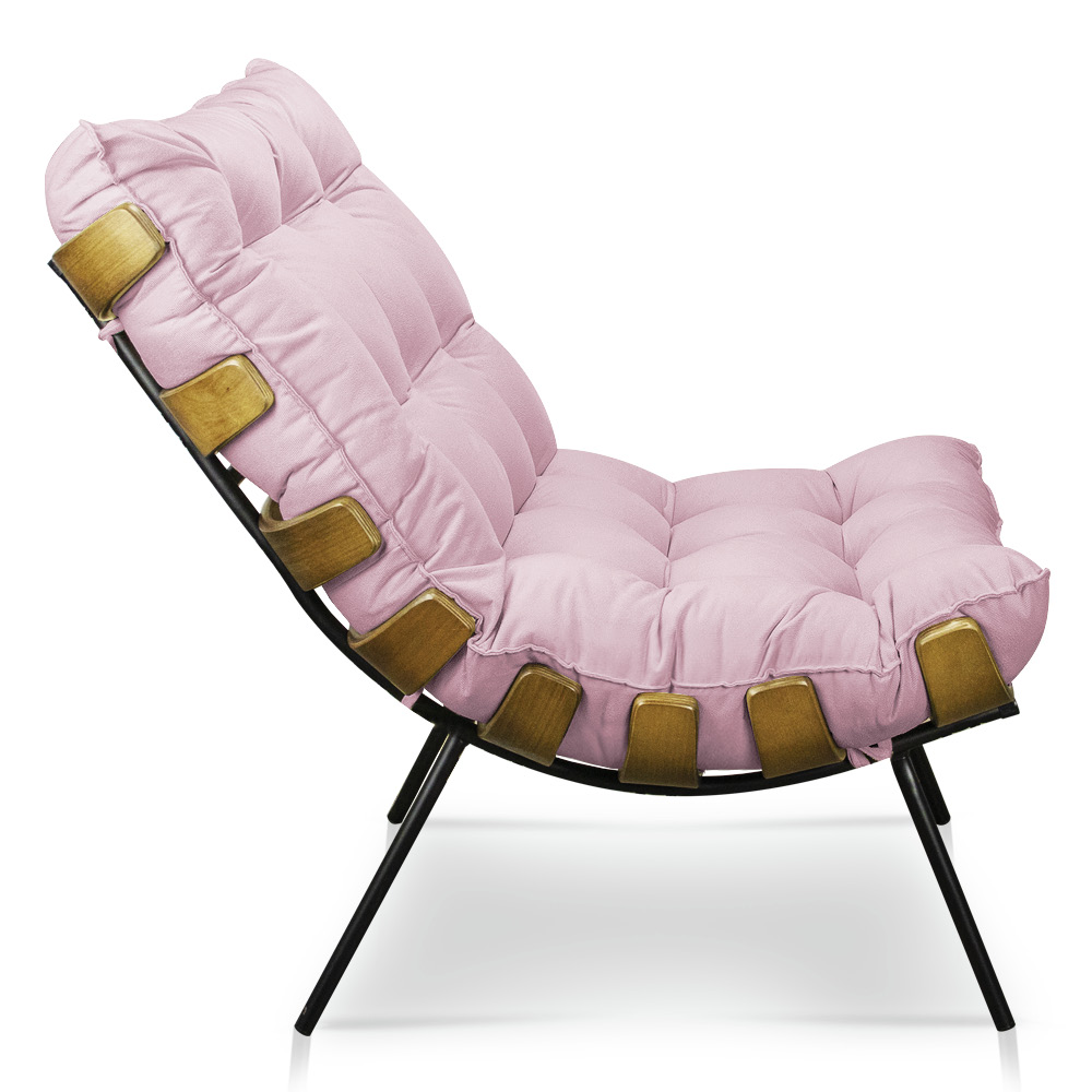 Kit Poltrona e Puff Costela Suede Rosa Bebê Base Metálica - Pallazio