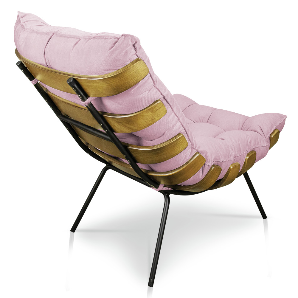 Kit Poltrona e Puff Costela Suede Rosa Bebê Base Metálica - Pallazio