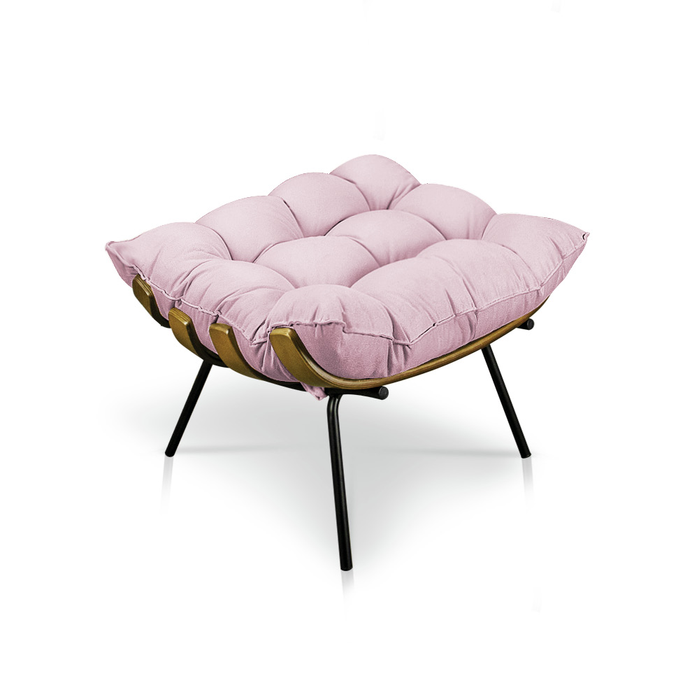 Kit Poltrona e Puff Costela Suede Rosa Bebê Base Metálica - Pallazio