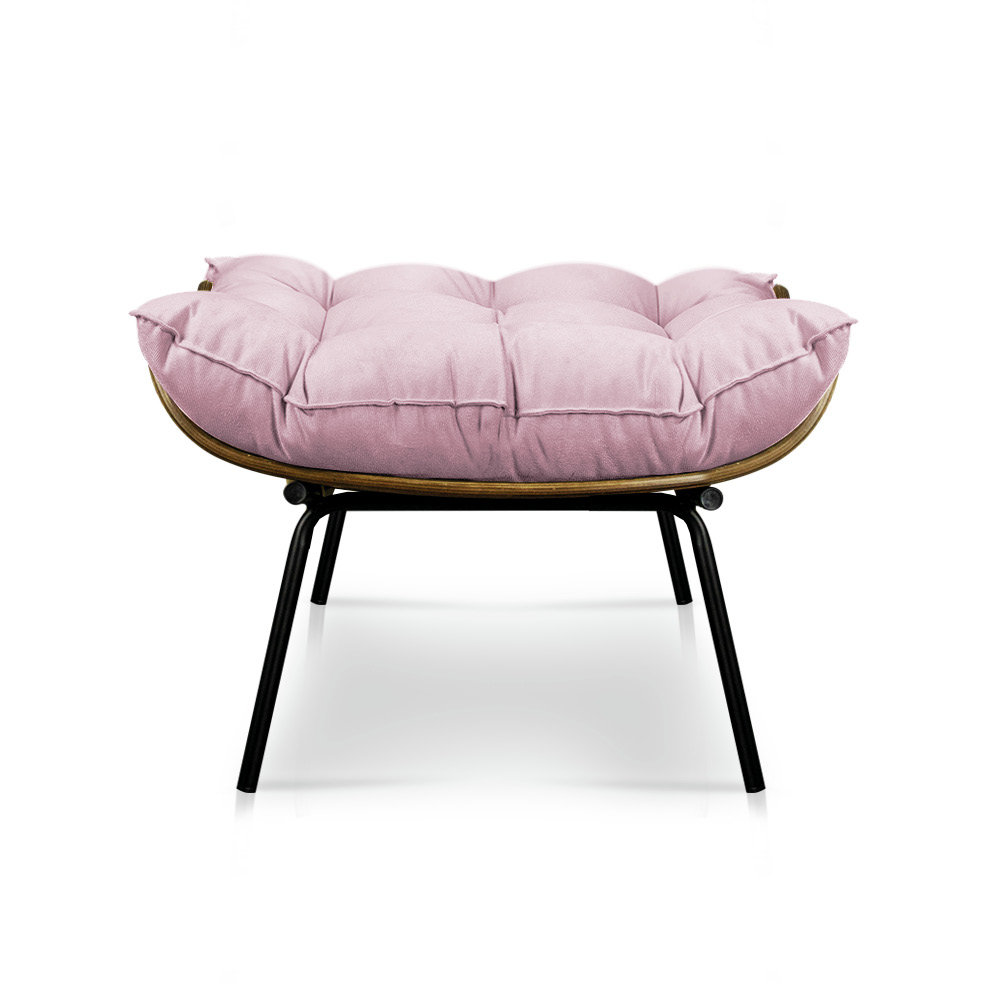 Kit Poltrona e Puff Costela Suede Rosa Bebê Base Metálica - Pallazio