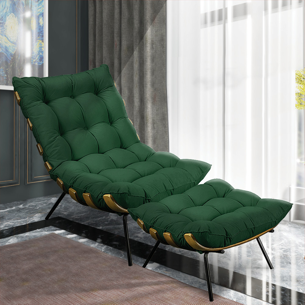 Kit Poltrona e Puff Costela Suede Verde Base Metálica - Pallazio