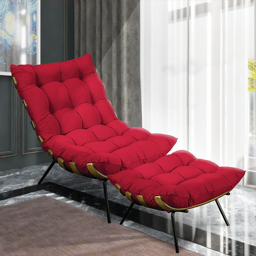 Kit Poltrona e Puff Costela Suede Vermelho Base Metálica - Pallazio