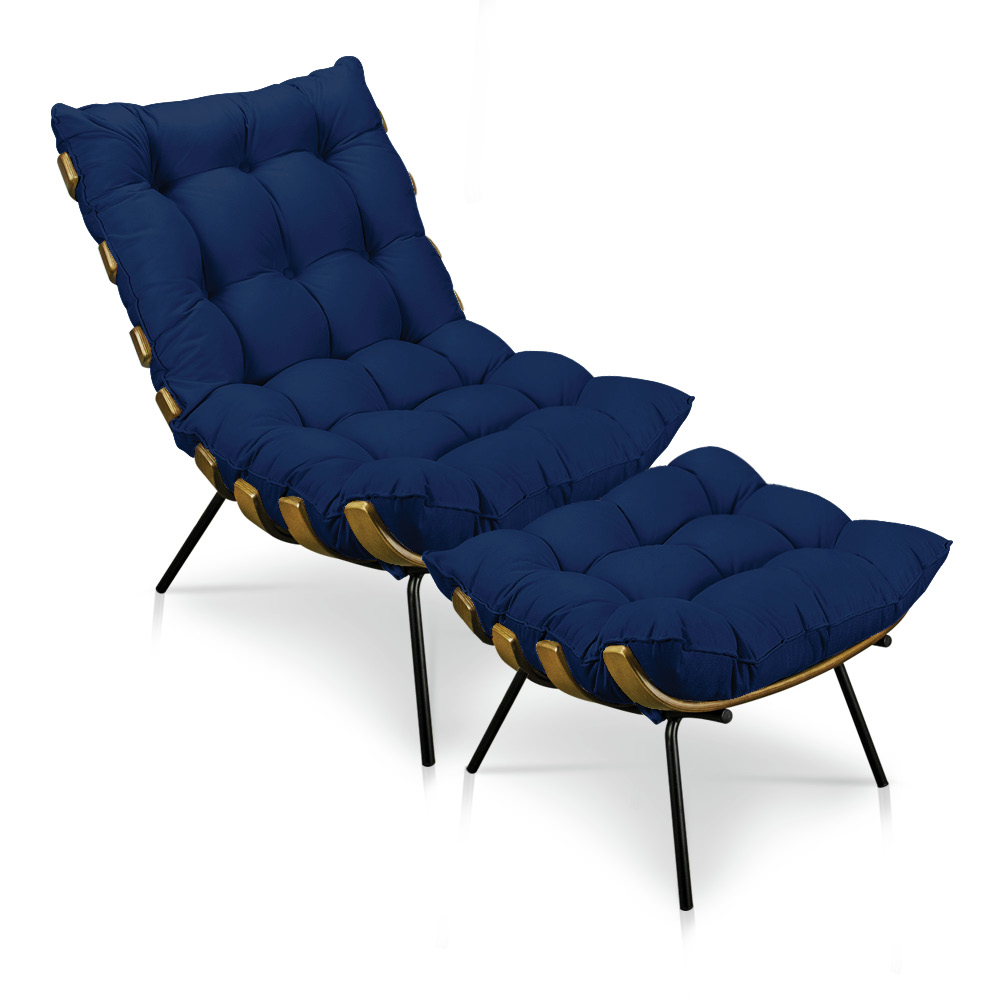 Kit Poltrona e Puff Costela Veludo Azul Marinho Base Metálica - Pallazio