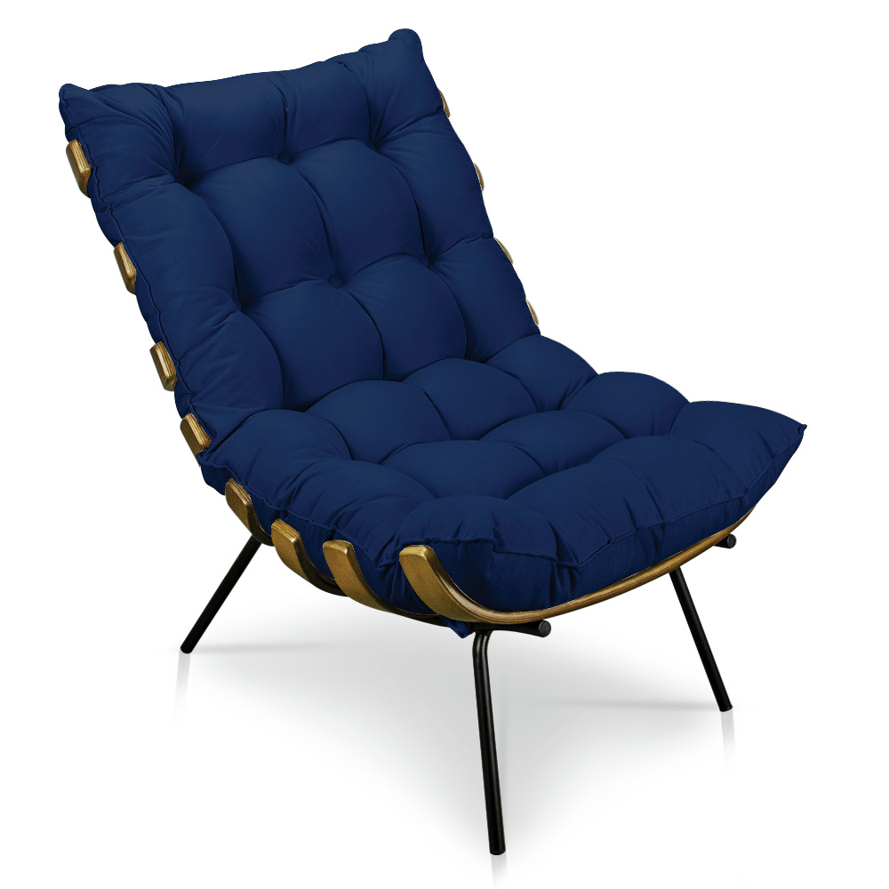 Kit Poltrona e Puff Costela Veludo Azul Marinho Base Metálica - Pallazio