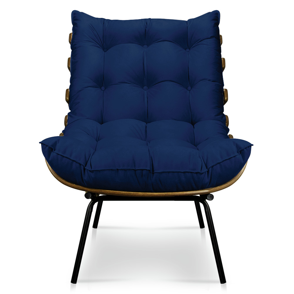 Kit Poltrona e Puff Costela Veludo Azul Marinho Base Metálica - Pallazio