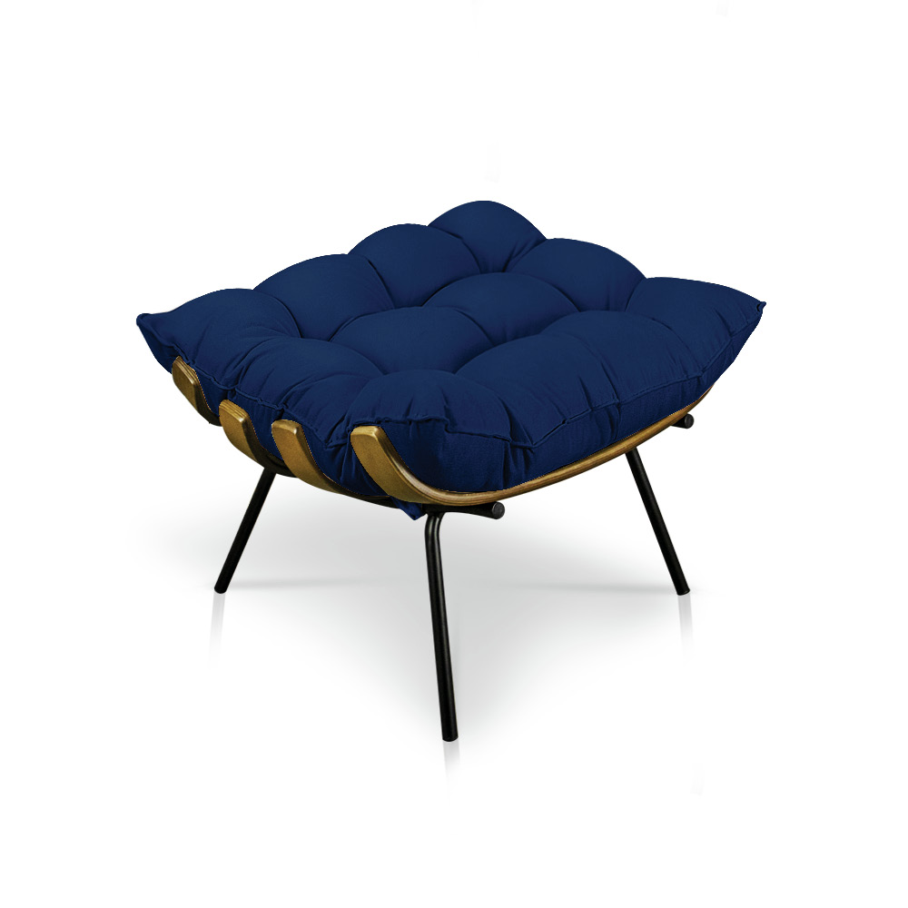 Kit Poltrona e Puff Costela Veludo Azul Marinho Base Metálica - Pallazio