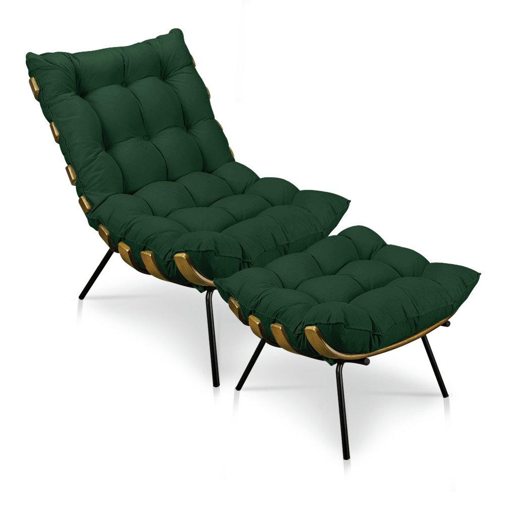 Kit Poltrona e Puff Costela Veludo Verde Base Metálica - Pallazio