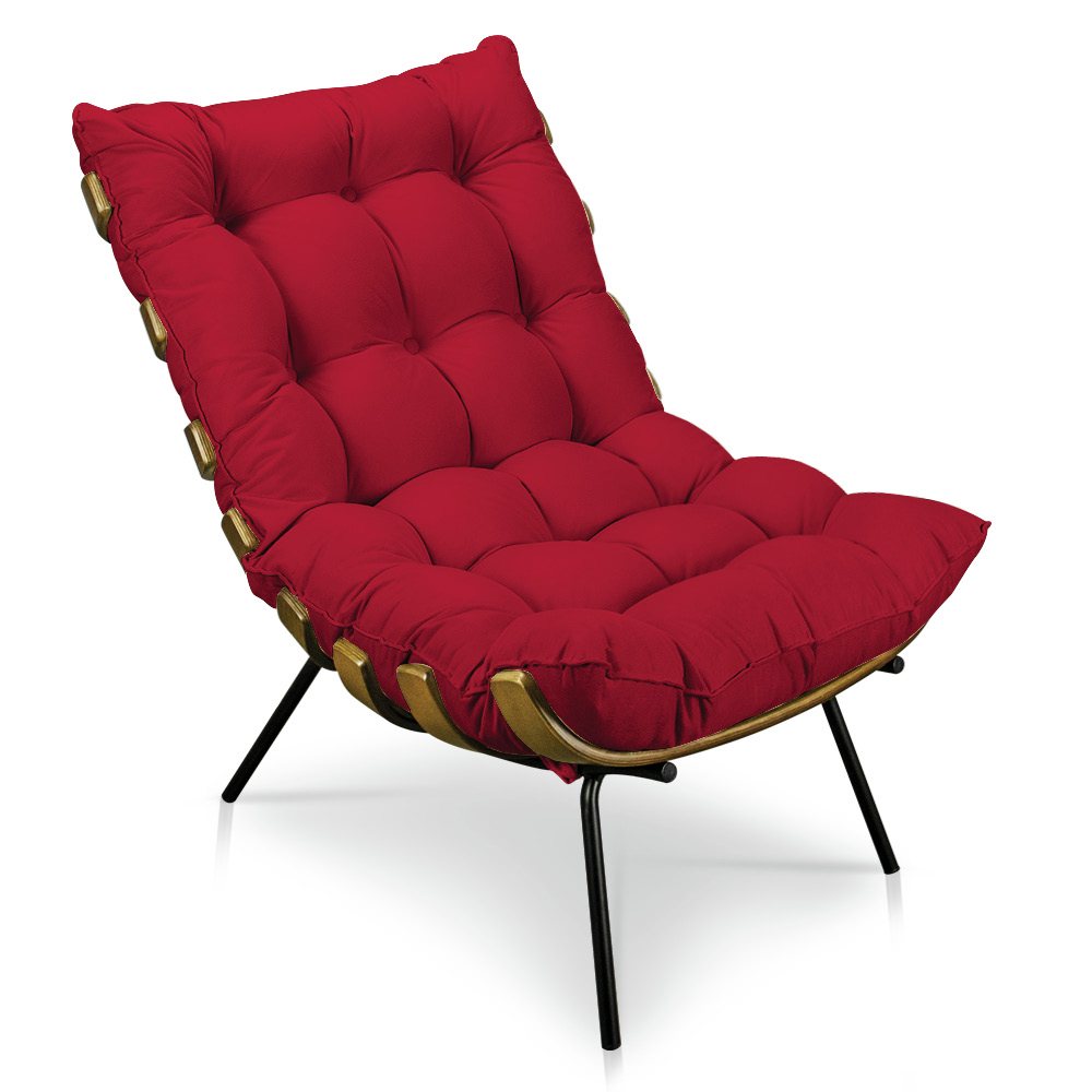 Kit Poltrona e Puff Costela Veludo Vermelho Base Metálica - Pallazio
