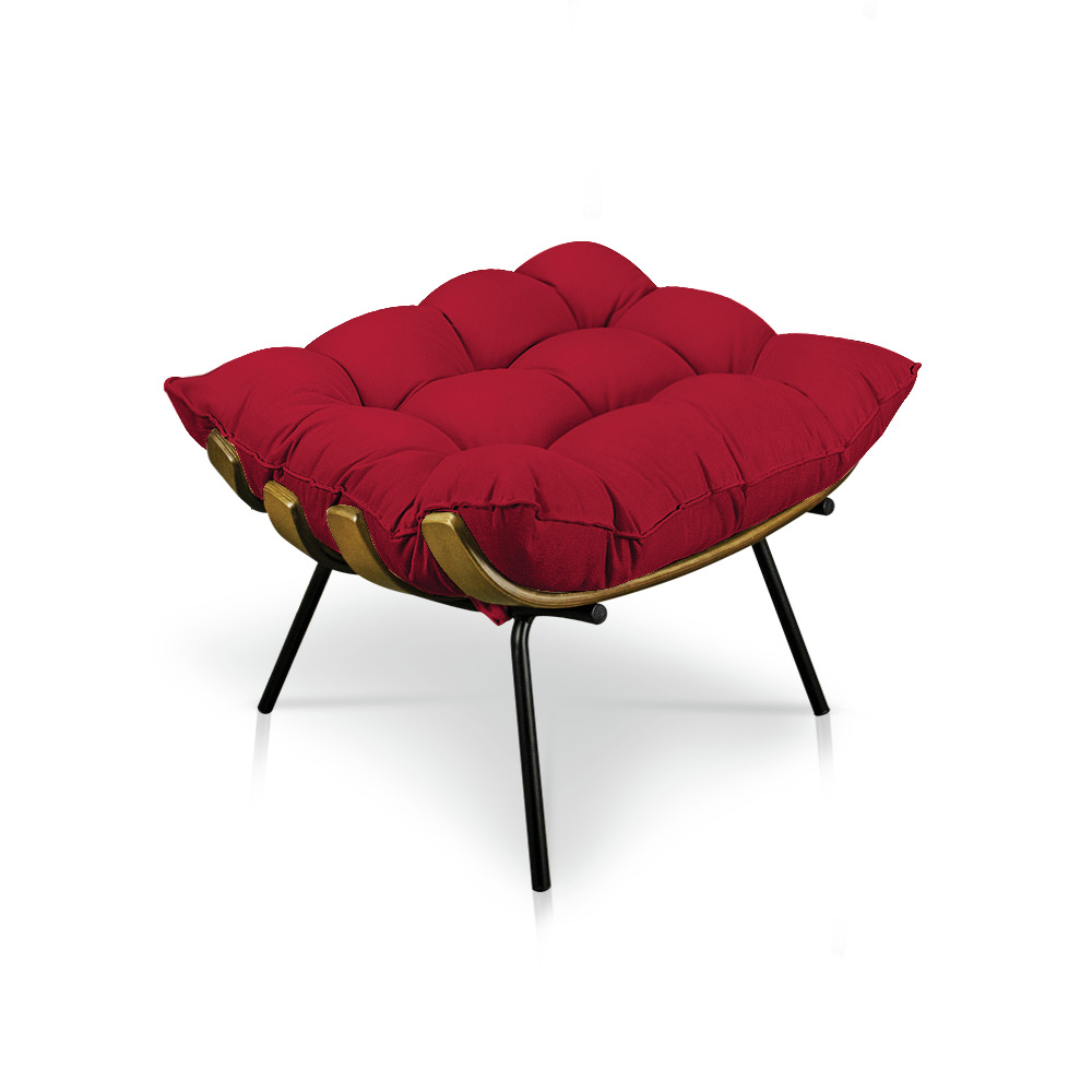 Kit Poltrona e Puff Costela Veludo Vermelho Base Metálica - Pallazio
