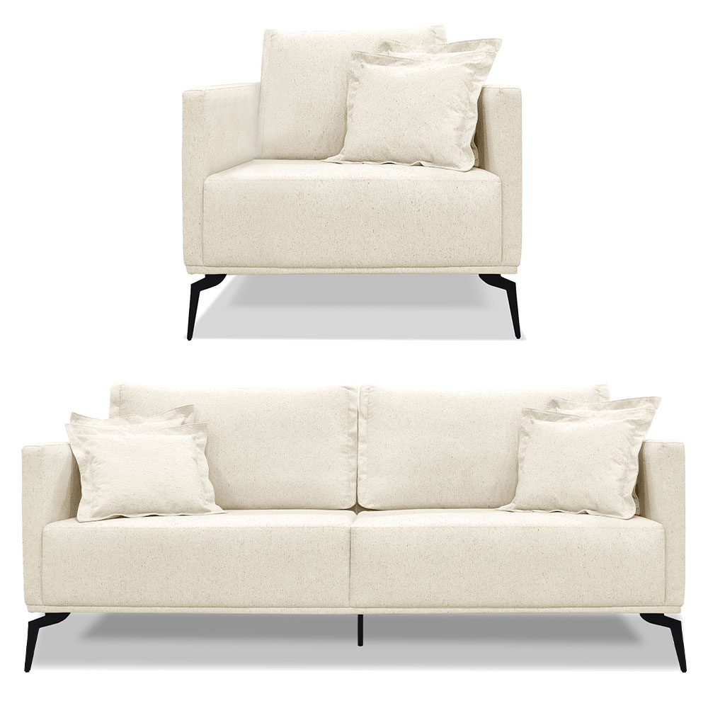 Kit Poltrona e Sofá Living 2 Lugares 1,60m Sirius Linho Natural Pés Metálicos - Pallazio