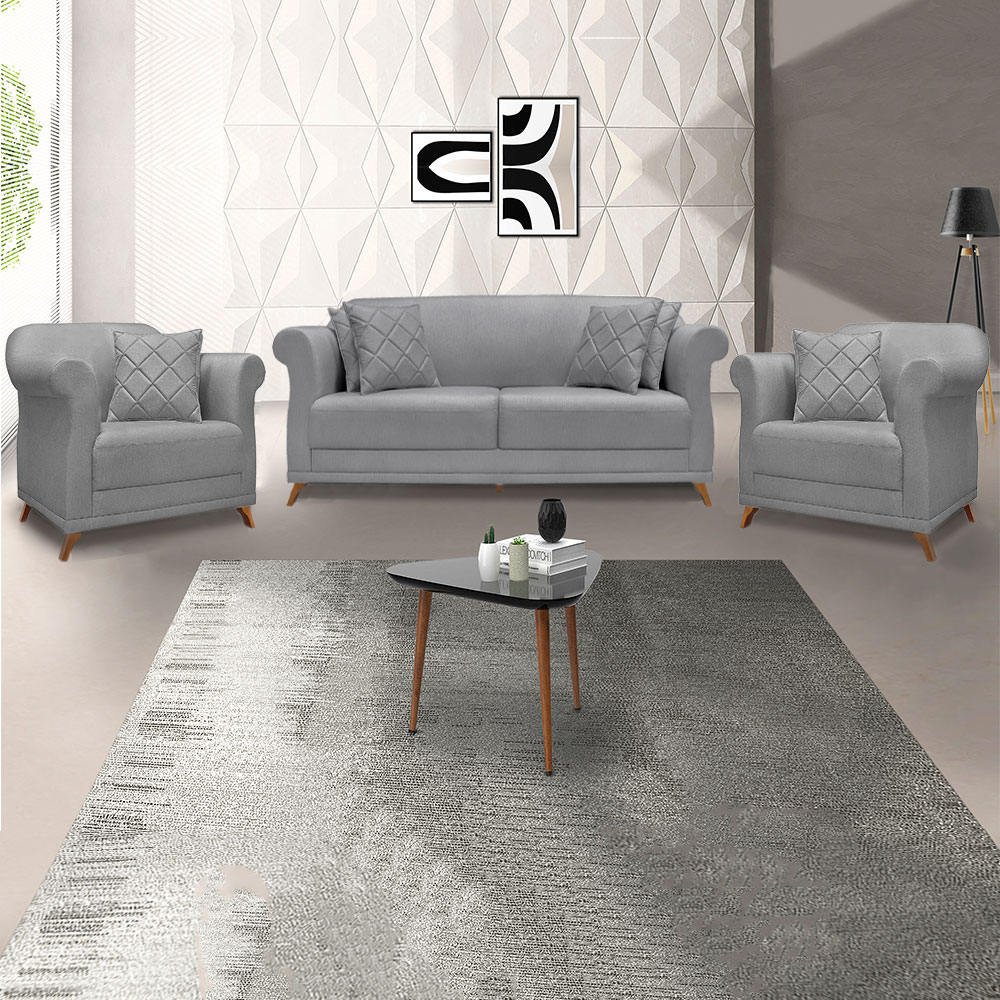Kit Poltrona e Sofá Living 2 Lugares 1,60m Vênus Linho Grafite Pés Castanho - Pallazio