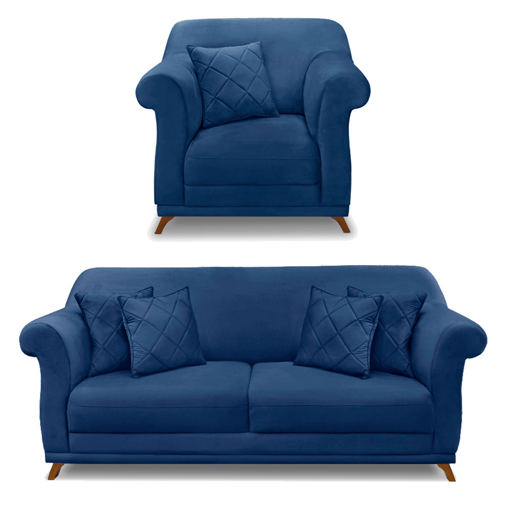 Kit Poltrona e Sofá Living 2 Lugares 1,60m Vênus Suede Azul Marinho Pés Castanho - Pallazio