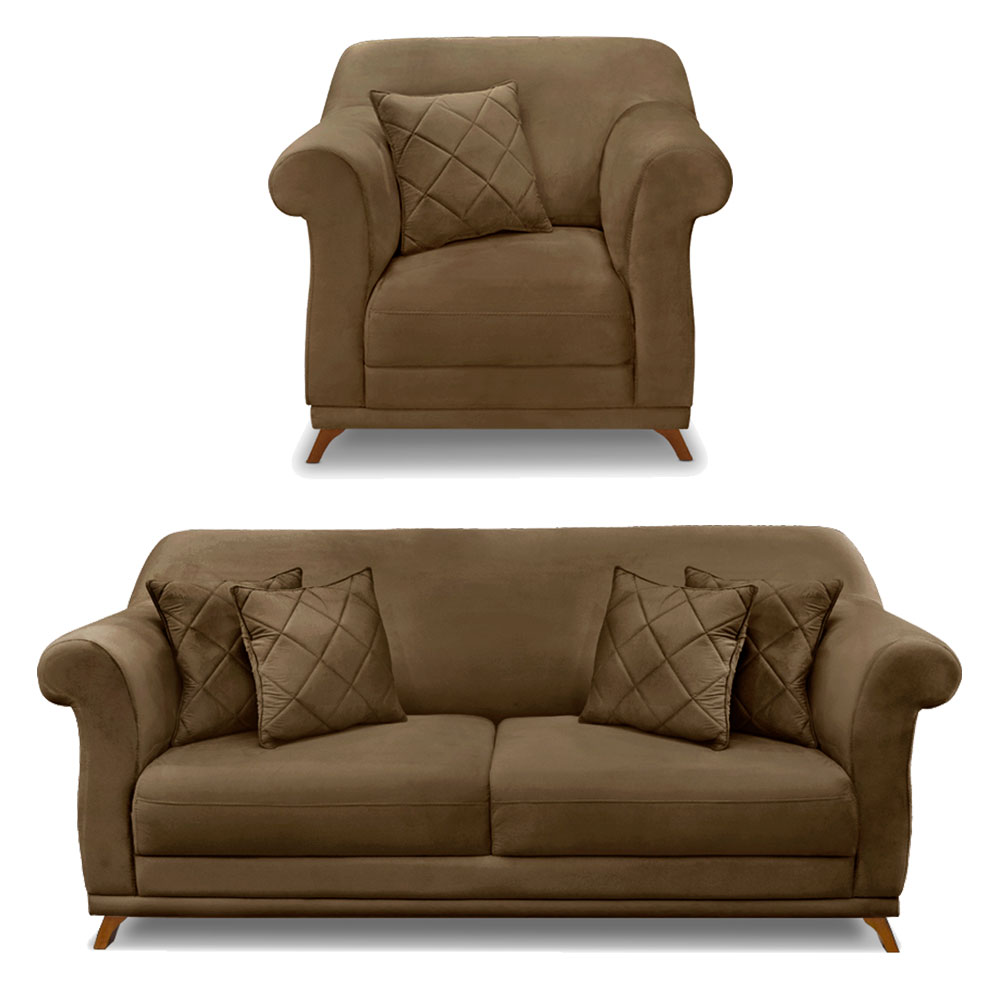Kit Poltrona e Sofá Living 2 Lugares 1,60m Vênus Suede Caramelo Pés Castanho - Pallazio