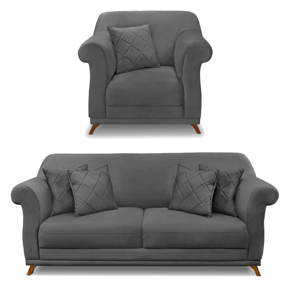 Kit Poltrona e Sofá Living 2 Lugares 1,60m Vênus Suede Cinza Pés Castanho - Pallazio