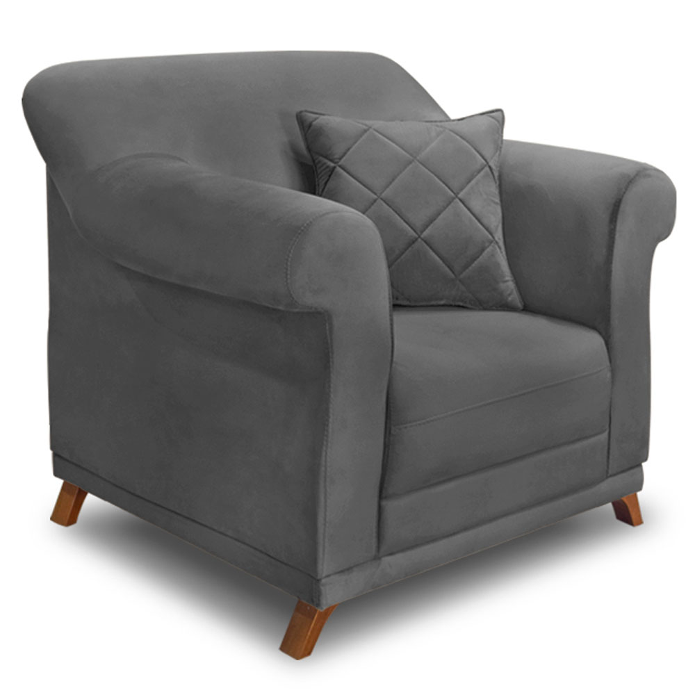 Kit Poltrona e Sofá Living 2 Lugares 1,60m Vênus Suede Cinza Pés Castanho - Pallazio