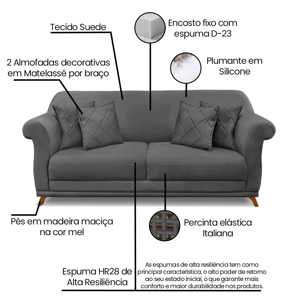 Kit Poltrona e Sofá Living 2 Lugares 1,60m Vênus Suede Cinza Pés Castanho - Pallazio